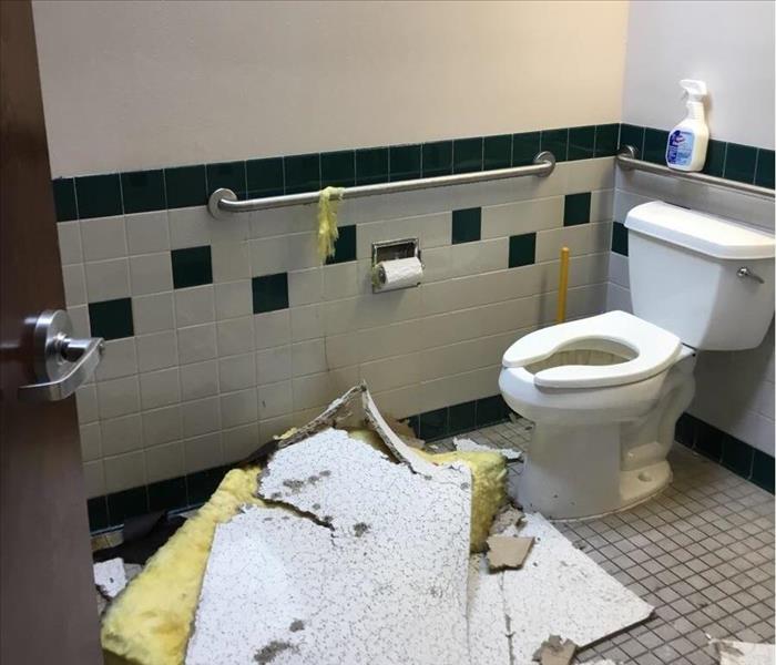 Acoustical ceiling tiles and insulation fallen onto restroom floor