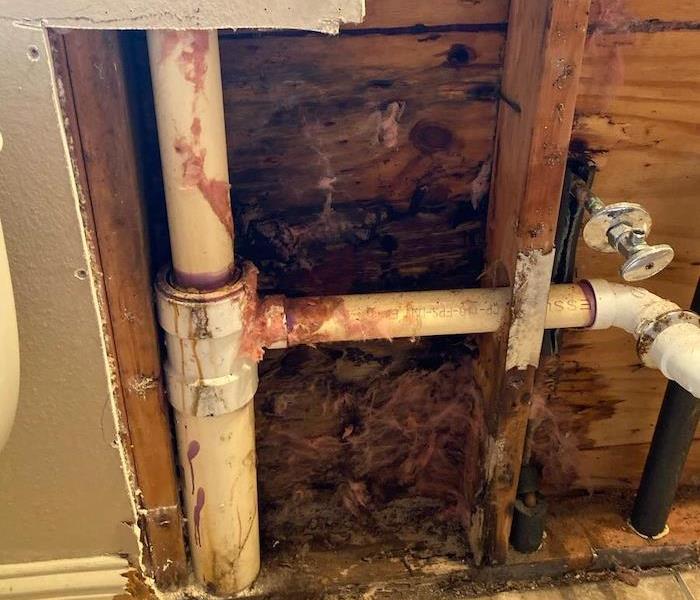 Wall with water damage and exposed plumbing pipes