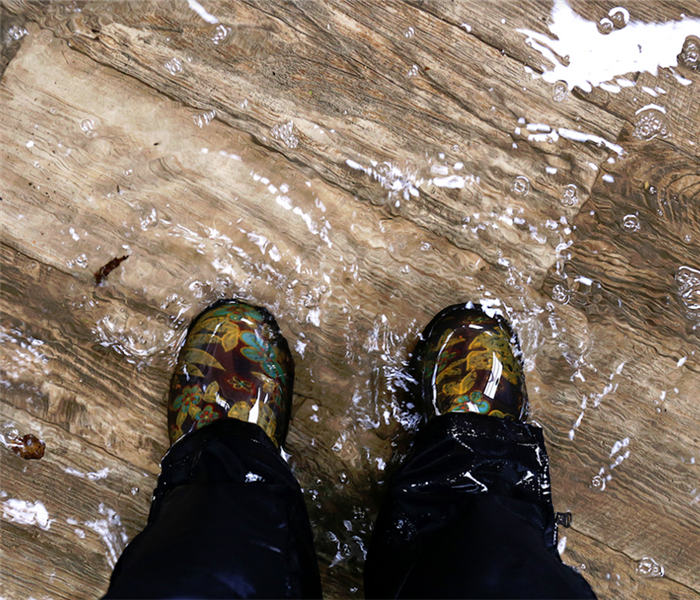 a person standing in a flooded room with rubber rain boots 